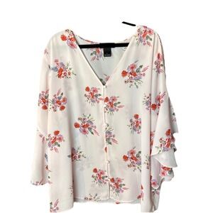 Investments Floral Blouse Women Large Pink Ruffle Sleeve V-Neck Button Front